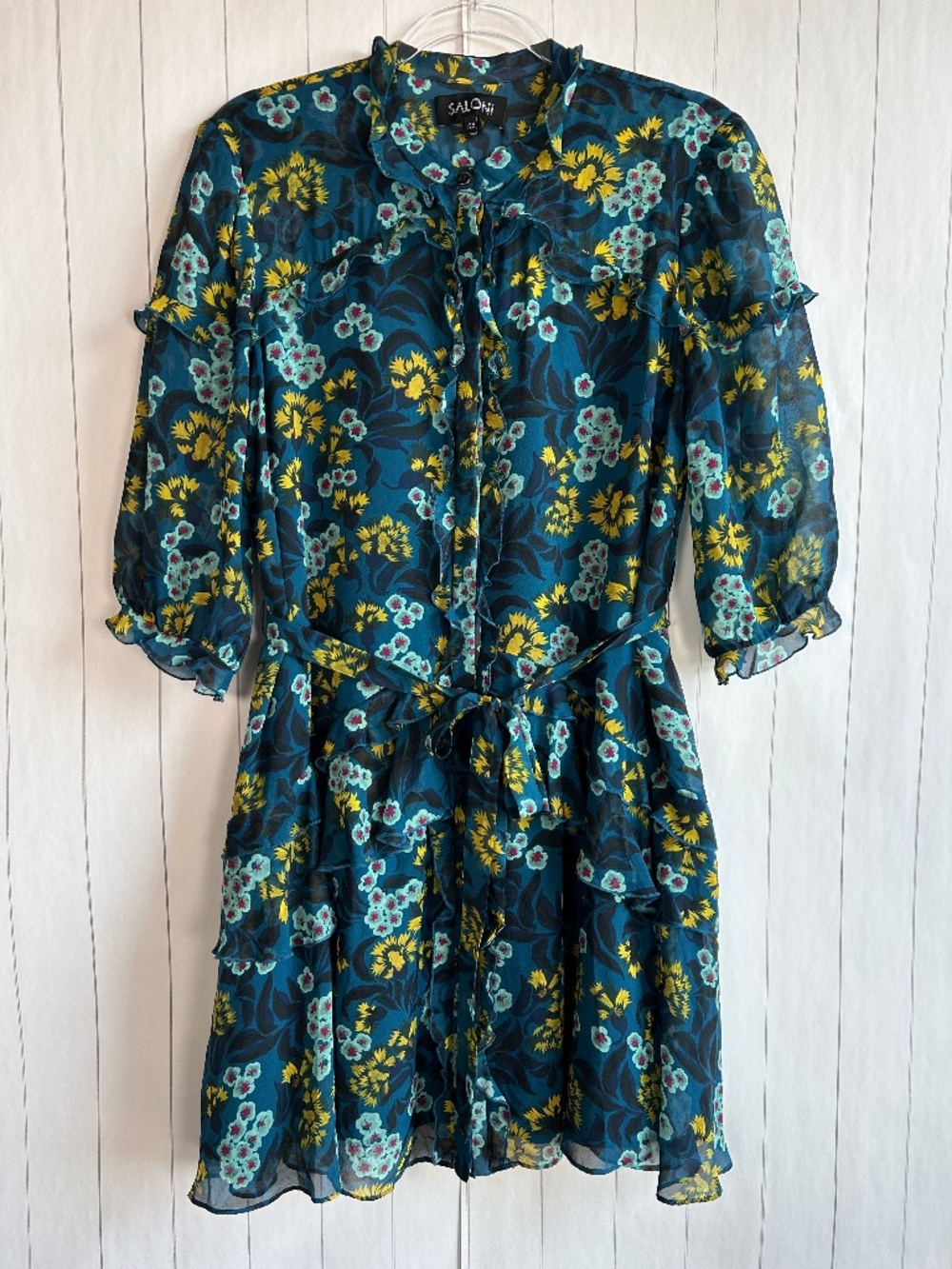 Saloni size 8 Tilly ruffle dress 100% silk teal floral 3/4 sleeve belted short